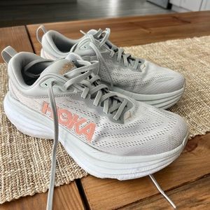 Hoka Women's Bondi 8 Running Shoe Sneaker Size 8.5 D Light Gray White Pink
